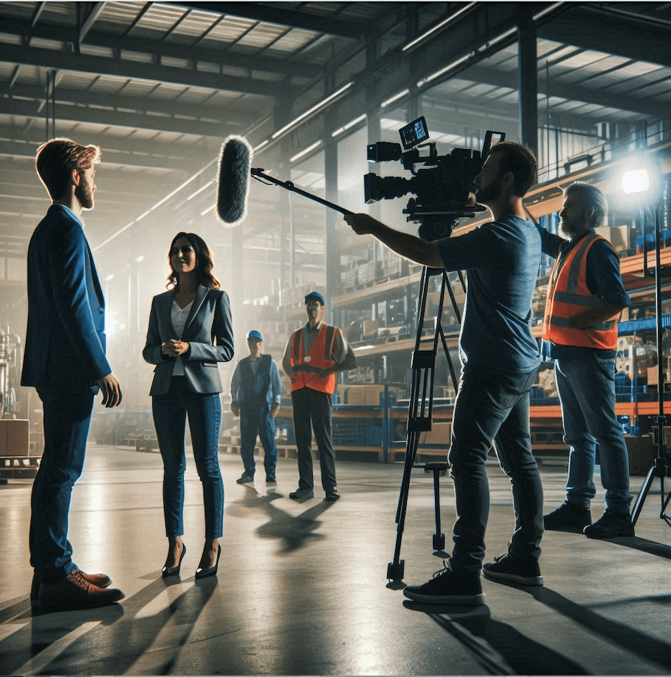 klein videoteam aan het werk in productie magazijn